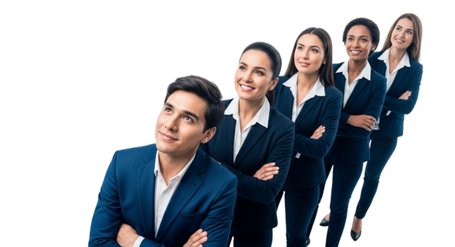 A diverse group of five business professionals, three women and two men, stand in a line looking up and to the side, isolated on transparent background