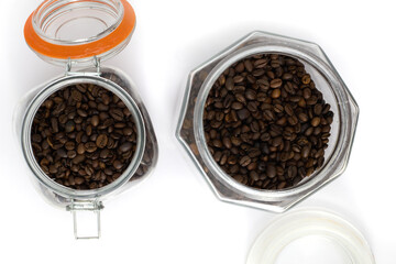 Roasted coffee beans in a glass jar
