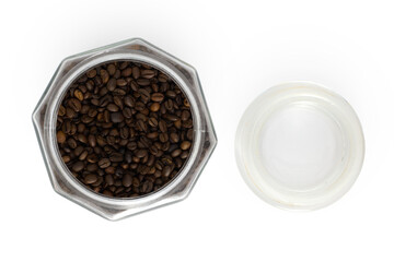 Roasted coffee beans in a glass jar