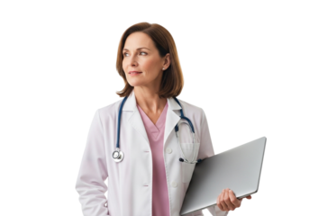 Female doctor holding a laptop and looking away isolated on transparent background