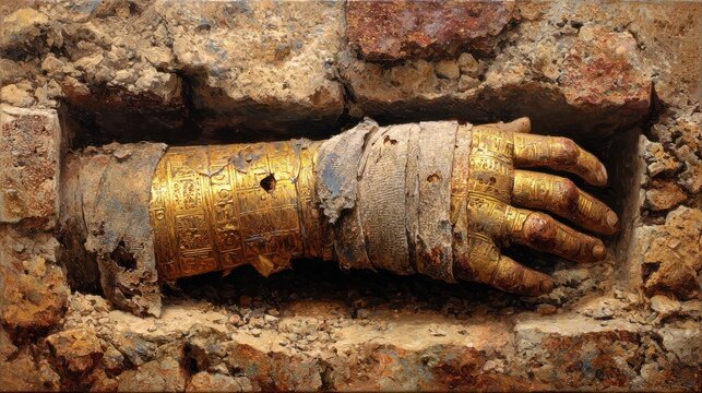 Ancient golden hand preserved in stone structure historical artifact