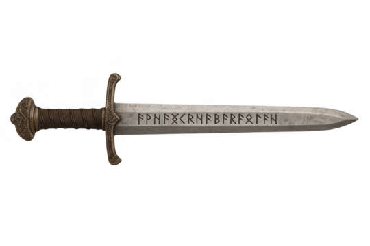Viking sword with runic inscription on transparent background