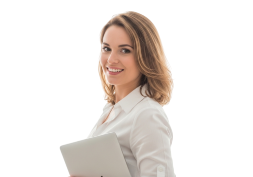 Smiling businesswoman holding a laptop and looking over her shoulder isolated on transparent background