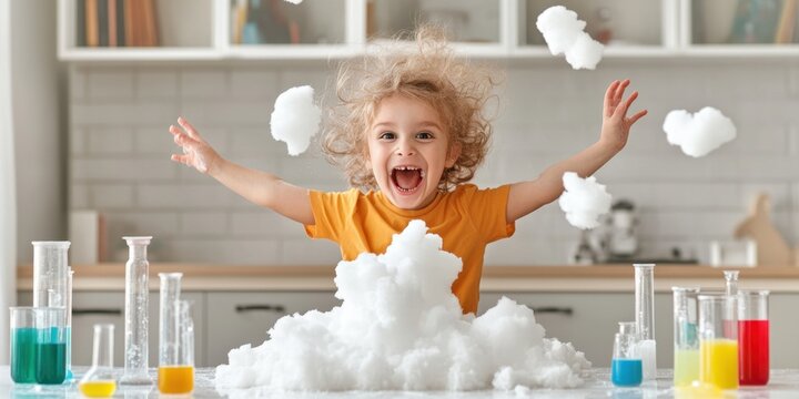 Joyful child experiments with cloud-like foam in colorful science activity