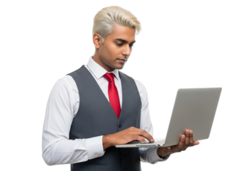 A young man with blonde hair wearing a suit and tie, holding and typing on a laptop, isolated on transparent background