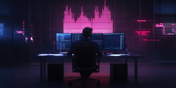 Analyzing financial data on multi-screen setup in dimly lit workspace - Powered by Adobe