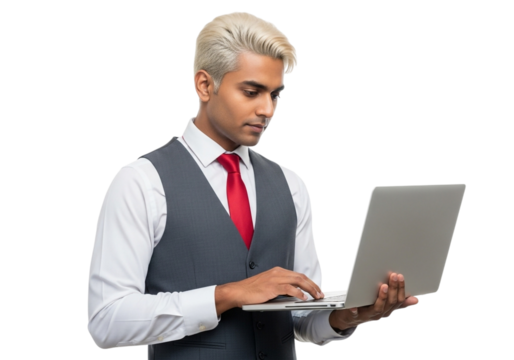 A young man with blonde hair wearing a suit and tie, holding and typing on a laptop, isolated on transparent background