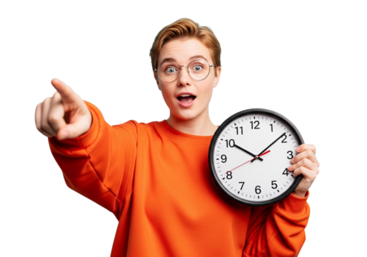 Surprised young woman with short hair and glasses holding a clock and pointing finger isolated on transparent background