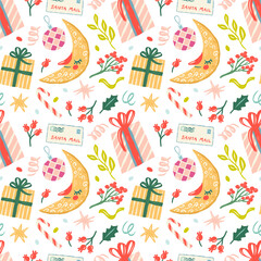 Christmas folklore seamless pattern with crescent, gifts, ornaments and branches for wrapping paper