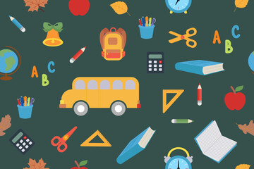 School supplies pattern isolated on a green background. Seamless pattern under clipping mask, convenient for editing. Background for paper, cover, textile, gift wrap, packaging. 
