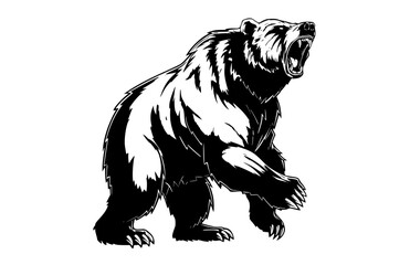 a black and white illustration of a large grizzly bear roaringbear, black, brown, brown bear, claw, illustration, open, stand 