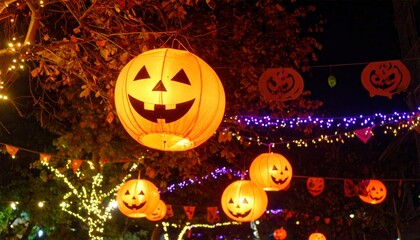 Halloween celebration with pumpkin lanterns outdoor park night photography festive atmosphere close-up view autumn spirit