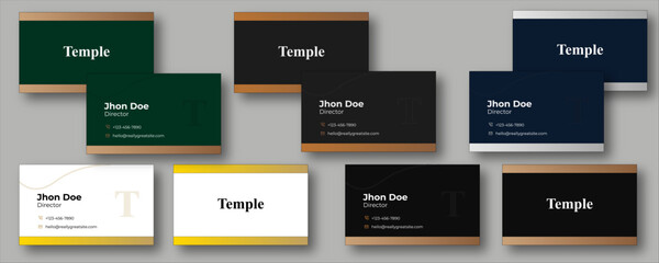 Collection of 5 Creative multi color business Card designs. Elegant Border Business Card. Metallic Strip Business Card. Executive Frame Business Card. Gold Trim Business Card