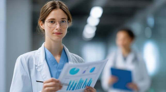 A young female doctor in a hospital setting reviews medical charts, wearing a white coat and glasses, with another medical professional in the background - Powered by Adobe