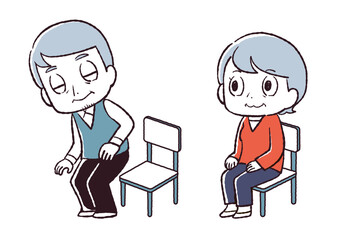 シニア、座る、立つ、トレーニングをしているイラスト