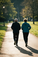 Elderly people running in the park on a sunny day with a health conscious mindset. Exercise Habits.