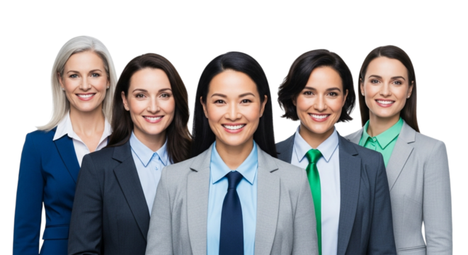 Professional businesswomen in suits smiling and posing together, isolated on transparent background