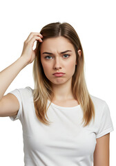 Fototapeta premium A young woman with a puzzled and uncertain expression scratches her head, contemplating a problem or decision with visible confusion and frustration