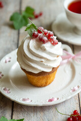 Red currant cake and a cup of aromatic tea in a porcelain cup on the table.