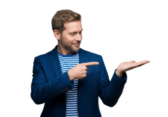 A smiling man in a blue blazer and striped shirt points to his open palm, isolated on transparent background