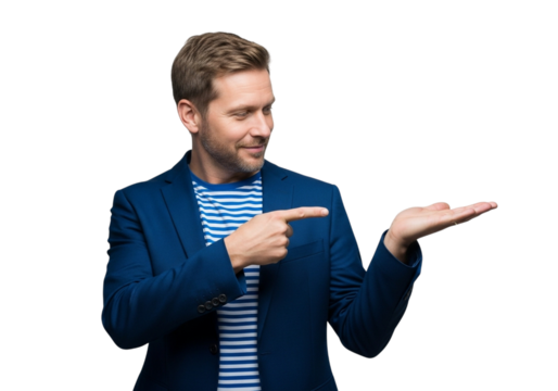 A smiling man in a blue blazer and striped shirt points to his open palm, isolated on transparent background