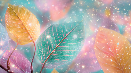 Pastel hue leaves with gradient and sparkling light effects for creative design