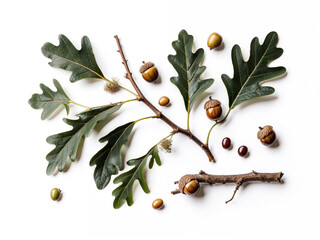 Oak Leaves and Acorns on White Background