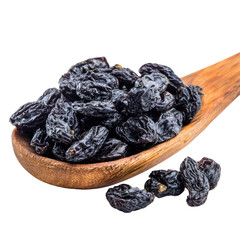 Dark raisins in wooden spoon