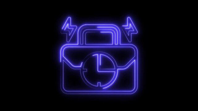 Neon business deadline briefcase clock with urgent lightning bolts animation on black background