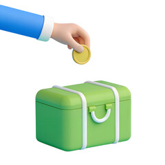 Child s hand dropping a golden coin into a bright green suitcase isolated on transparent background