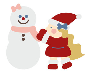 雪だるまを作るかわいい女の子のサンタクロース