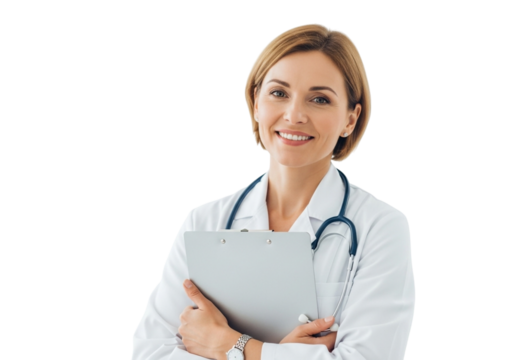 Smiling female doctor with stethoscope and clipboard, isolated on transparent background