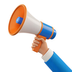 Hand holding a bright orange and blue megaphone announcing important news or making an announcement isolated on transparent background