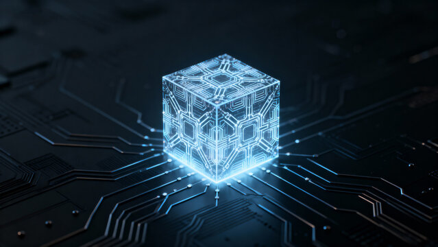 Cube with circuit patterns on dark surface - Powered by Adobe