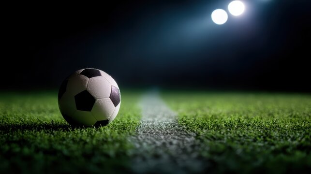 A soccer ball rests on a green field under bright stadium lights, ready for action in a night match