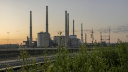 Obraz premium Close up of fresh green plants against an industrial backdrop during sunset