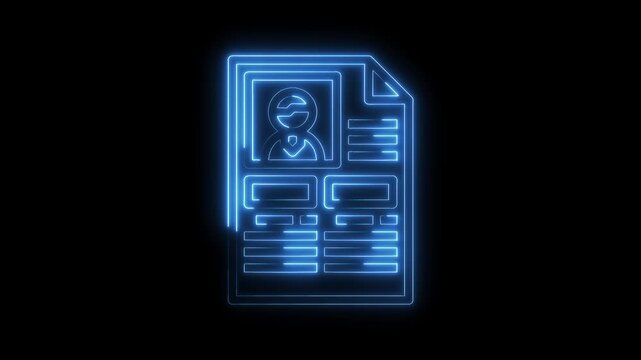 Glowing neon resume or cv on dark background for job application concept animation