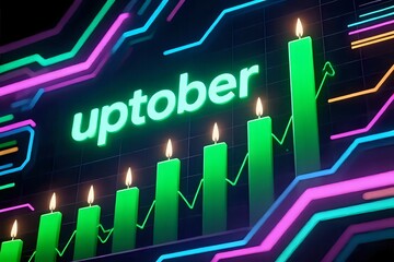 Naklejka premium Digital Chart with Green Candlesticks Risingm Glowing Text Uptober, Futuristic Neon Crypto Background