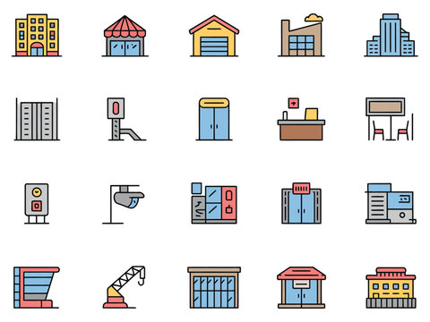 A colorful collection of diverse building icons representing different types of architecture.