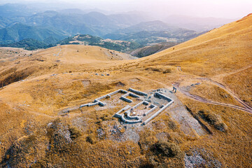 Aerial view of a Ruins of an ancient church at Nebeske Stolice archaeological site on Kopaonik mountain, Serbia