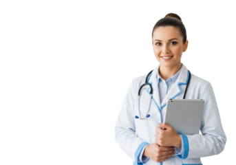 Female doctor in white coat holding a tablet computer isolated on transparent background