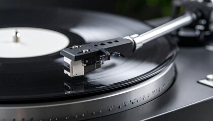Close-up of turntable head and stylus touching a vinyl record. Retro audio equipment, analog sound, vintage music concept, nostalgic atmosphere, classic listening experience.