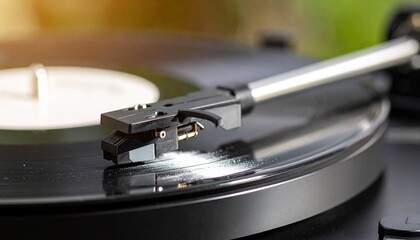 Close-up of turntable head and stylus touching a vinyl record. Retro audio equipment, analog sound, vintage music concept, nostalgic atmosphere, classic listening experience.