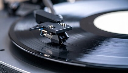 Close-up of turntable head and stylus touching a vinyl record. Retro audio equipment, analog sound, vintage music concept, nostalgic atmosphere, classic listening experience.