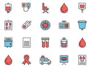 A flat lay of blood donation icons, showcasing medical equipment and supplies in vibrant colors.
