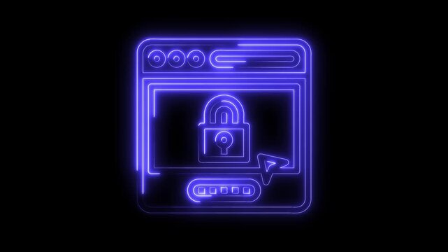 Neon style web page with security lock icon indicating cyber protection concept