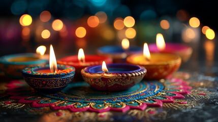 Close up of several diyas lit on a decorative surface with bokeh lights in background