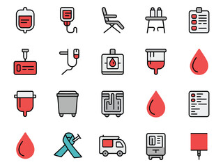 Blood donation elements including bags, chairs, and donation awareness symbols.