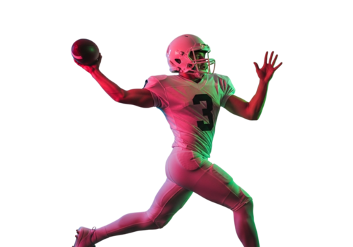 American football player in uniform throwing a football, with dramatic pink and green lighting, isolated on transparent background