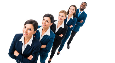 Diverse group of business professionals standing in a line, arms crossed, looking up and to the side, isolated on transparent background